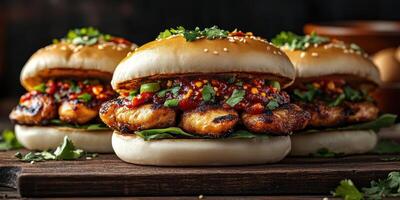 Savory grilled chicken sandwiches with spicy sauce and fresh herbs on a wooden table photo