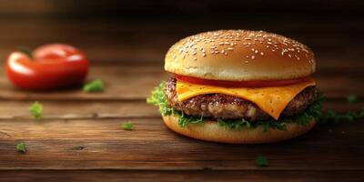Juicy cheeseburger with fresh ingredients served on a wooden table at a casual dining setting photo