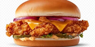 Enjoying a crispy chicken sandwich layered with cheese, pickles, and onions on a soft bun photo