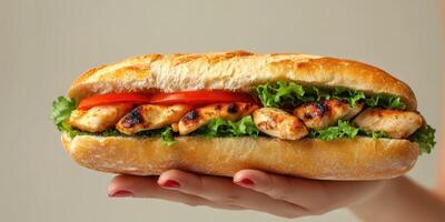 Delicious grilled chicken sandwich with fresh vegetables held in hand in a light setting photo