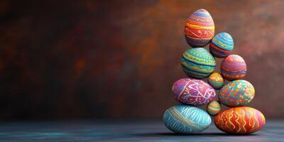 Decorative eggs stacked artistically display vibrant colors and intricate patterns during Easter celebration photo