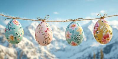 Colorful decorated eggs hanging on a string against a snowy mountain backdrop during springtime festivities photo