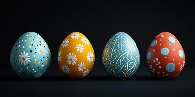 Colorful decorated eggs displayed prominently against a dark background showcasing intricate designs and patterns photo