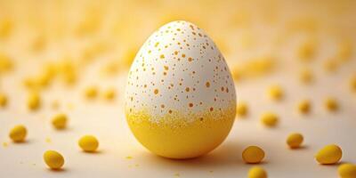Decorative yellow egg with speckles surrounded by yellow candies for spring celebration or festive occasion photo