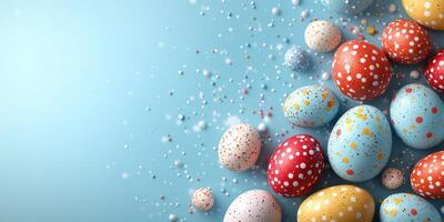 Colorful decorated eggs spread across a blue background with tiny confetti for a festive celebration photo