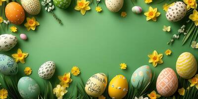 Colorful decorated eggs and spring flowers create a festive Easter atmosphere on a vibrant green background photo