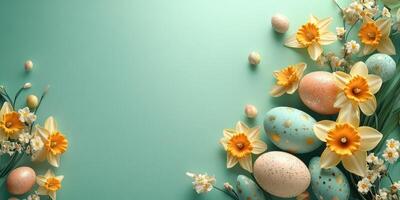 Colorful Easter eggs and spring flowers arranged on a turquoise background for a festive celebration photo