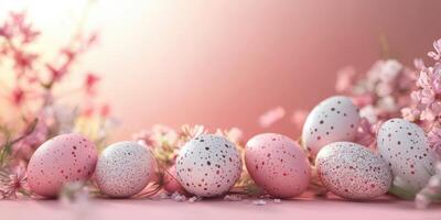 Colorful easter eggs arranged with pink flowers on a soft gradient background photo
