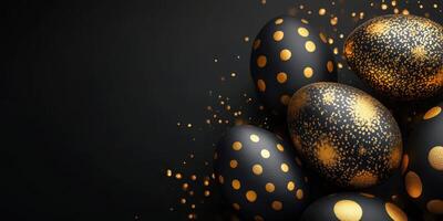 Decorative black and gold Easter eggs arranged on a dark surface for a festive celebration photo