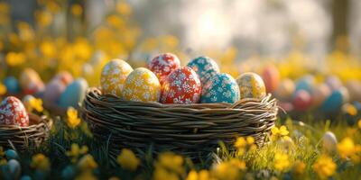 Colorful decorated eggs nestled in a wicker basket among vibrant flowers on a sunny spring day photo