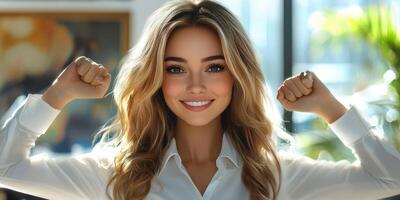 Woman demonstrates confidence and joy in a bright, modern office setting during the day photo