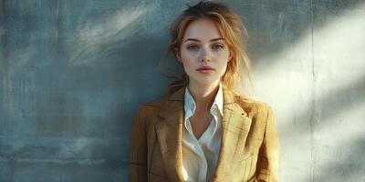Young woman stands confidently in a stylish blazer against a textured wall with dramatic lighting photo