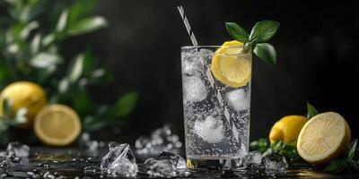 Refreshing lemonade drink with ice, lemon slices, and mint leaves on a dark background with fresh lemons photo