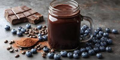 Delicious chocolate smoothie with fresh blueberries and cocoa powder on a gray background photo