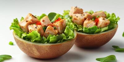 Fresh chicken salad served in melon bowls with crisp lettuce and colorful garnishes at a modern kitchen setting photo