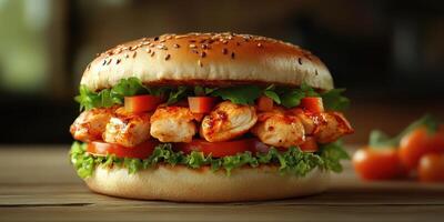 Juicy grilled chicken sandwich with fresh vegetables and sesame seed bun on wooden table photo