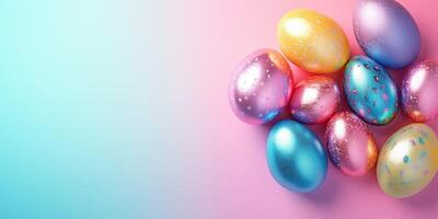 Colorful pastel Easter eggs placed artistically on a soft gradient background with a modern design photo