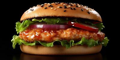 Delicious chicken sandwich with lettuce, tomato, and onion served on a toasted sesame seed bun photo