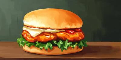 Delicious chicken sandwich with crisp lettuce and creamy sauce placed on a wooden table photo