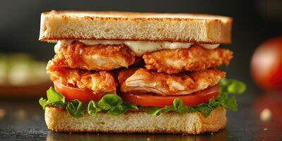 Crispy fried chicken sandwich stacked with fresh lettuce and tomatoes on toasted bread served with creamy sauce photo