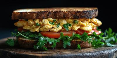 Delicious sandwich with scrambled eggs, fresh tomatoes, and arugula on toasted bread perfect for breakfast or lunch photo