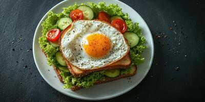 Delicious breakfast featuring toast topped with a fried egg, fresh cucumbers, and cherry tomatoes on a bed of lettuce photo