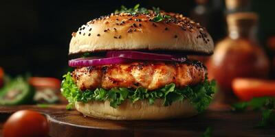 Deliciously stacked gourmet grilled salmon burger with fresh vegetables and sesame seed bun in restaurant setting photo