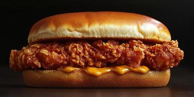 Crispy fried chicken sandwich with cheese on a soft bun served on a dark background photo
