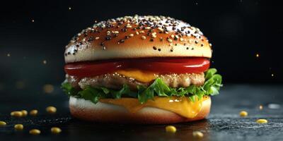 Juicy cheeseburger with fresh lettuce, tomato, and mustard on a sesame seed bun in a dark setting photo