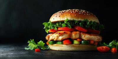 Juicy grilled chicken burger with vibrant vegetables and fresh greens on a dark surface photo