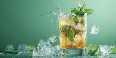 Refreshing cocktail with mint and ice on a vibrant green background creating a lively summer atmosphere photo