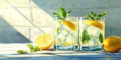 Refreshing lemonade drinks with mint leaves and lemon slices on a sunlit tabletop photo