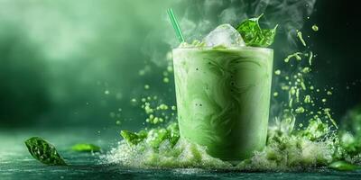 Refreshing green smoothie with ice and splashes on a dark surface photo