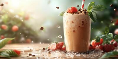 Refreshing iced coffee with strawberries and mint on a sunny afternoon in a garden photo