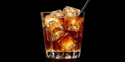Rich brown beverage served over ice with a stirring straw in a clear glass at a stylish bar photo