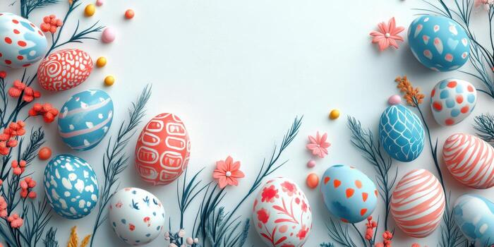 Vibrant Easter eggs arranged with flowers and greenery on a soft blue background for spring celebration photo