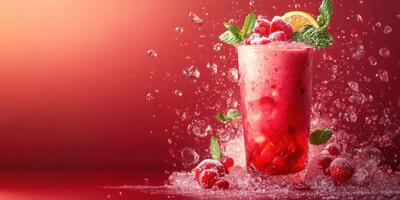 Refreshing berry smoothie bursting with splashes and garnished with mint on a vibrant background photo