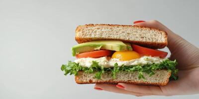 Delicious sandwich with fresh vegetables and a vibrant yolk held by a hand against a light backdrop photo