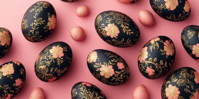 Easter eggs decorated with floral patterns arranged on a pink background for a festive celebration photo