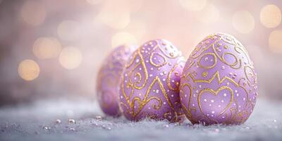 Elegant decorated purple Easter eggs arranged in a captivating display illuminated by soft bokeh lights photo