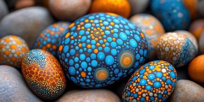 Colorful decorated stones created using vibrant patterns located by a riverbank during a sunny afternoon photo