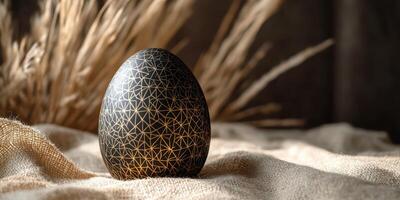 Decorative black egg with geometric patterns displayed on a textured surface among dried plants in soft lighting photo