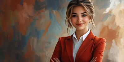 Confident woman in professional attire poses against a textured abstract background photo