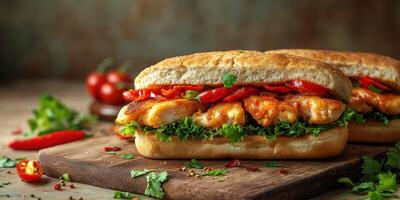 Delicious grilled chicken sandwich with fresh vegetables on a wooden board in a cozy setting photo