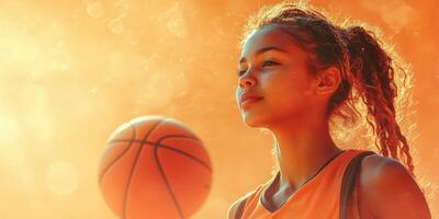 Young athlete focuses intently on basketball during practice under warm sunset light photo