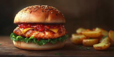 Juicy chicken burger with melted cheese and tangy sauce served with golden potato wedges on a rustic wooden table photo