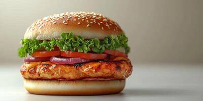 Delicious grilled chicken sandwich with fresh vegetables and sesame seed bun on a neutral background photo