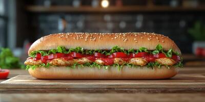 Delicious sub sandwich with grilled chicken, fresh tomatoes, and crisp lettuce on a wooden table photo
