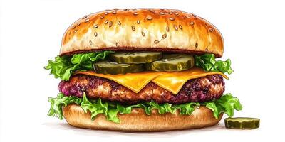 Juicy cheeseburger with lettuce, pickles, and cheddar cheese served on a sesame seed bun photo