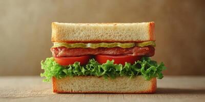 Delicious sandwich with fresh ingredients showcasing lettuce, tomato, pickles, and bacon on crusty bread photo